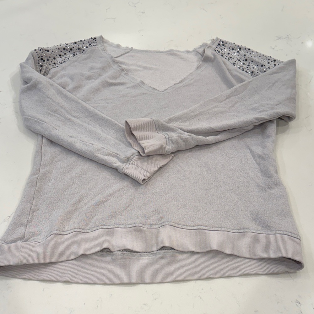Light Gray V-Neck Sweater with Lace Shoulders